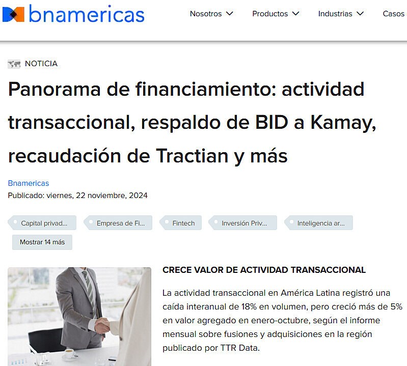Panorama de financiamiento: actividad transaccional, respaldo de BID a Kamay, recaudacin de Tractian y ms
